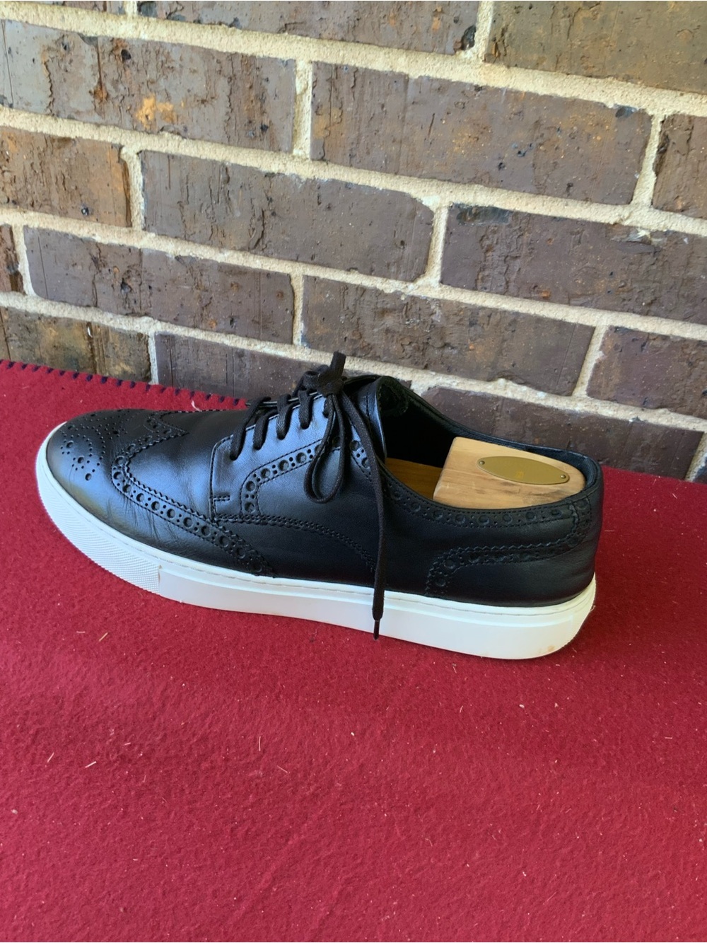 Black Leather Brogue-Style Slip-On Sneaker with White Sole